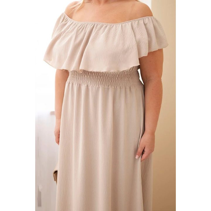 Moteriška Plus Size maksi suknelė su raukiniais ir tampria juosmens juosta, smėlio spalvos
