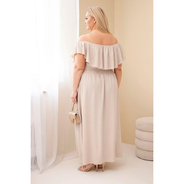 Moteriška Plus Size maksi suknelė su raukiniais ir tampria juosmens juosta, smėlio spalvos