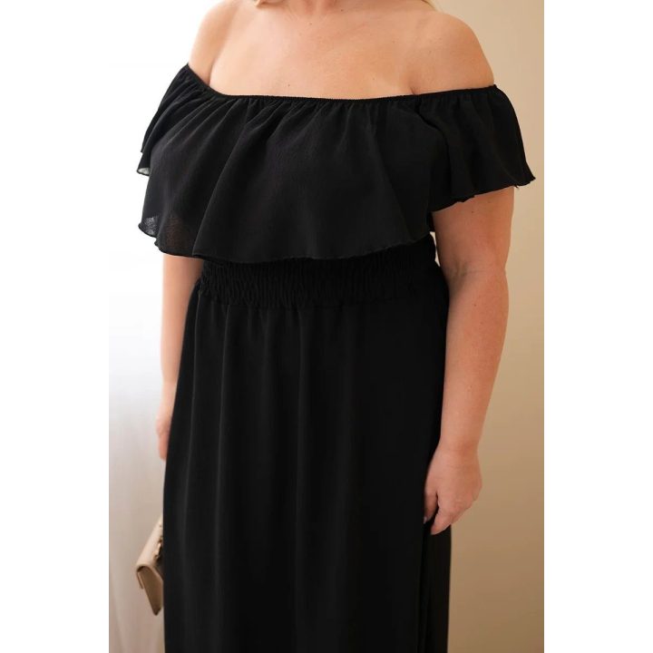 Moteriška Plus Size maksi suknelė su raukiniais ir tampriu liemeniu, juoda