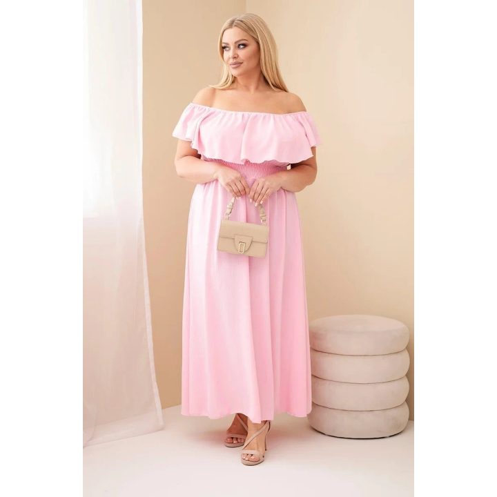 Plus Size maksi suknelė su raukiniais ir elastine juosmens juosta, šviesiai rožinė
