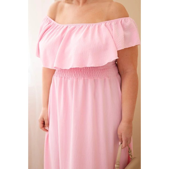 Plus Size maksi suknelė su raukiniais ir elastine juosmens juosta, šviesiai rožinė