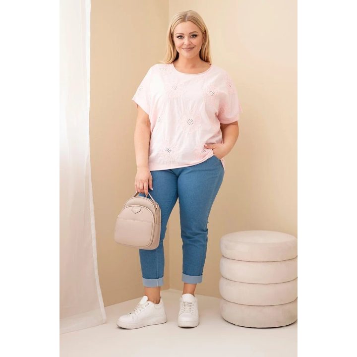 Moteriška Plus Size medvilninė palaidinė su siuvinėtomis gėlėmis, šviesiai rožinė