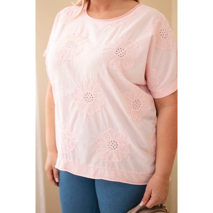 Moteriška Plus Size medvilninė palaidinė su siuvinėtomis gėlėmis, šviesiai rožinė