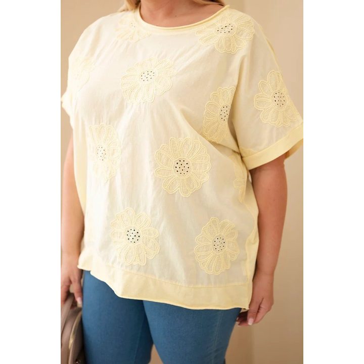 Moteriška medvilninė Plus Size palaidinė su siuvinėtomis gėlėmis, geltona