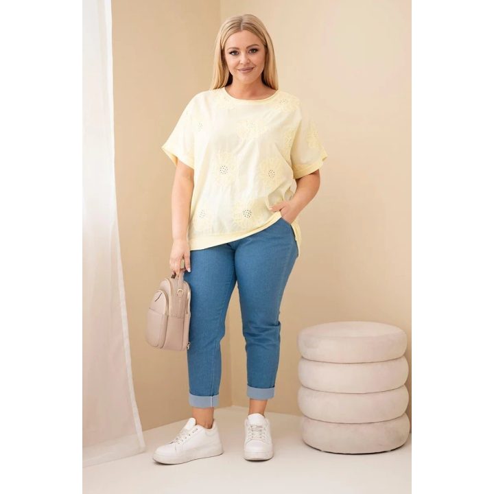 Moteriška medvilninė Plus Size palaidinė su siuvinėtomis gėlėmis, geltona