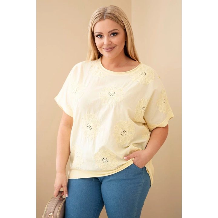 Moteriška medvilninė Plus Size palaidinė su siuvinėtomis gėlėmis, geltona