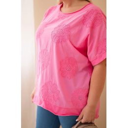 Plus Size moteriška medvilninė palaidinė su siuvinėtomis gėlėmis, rožinė