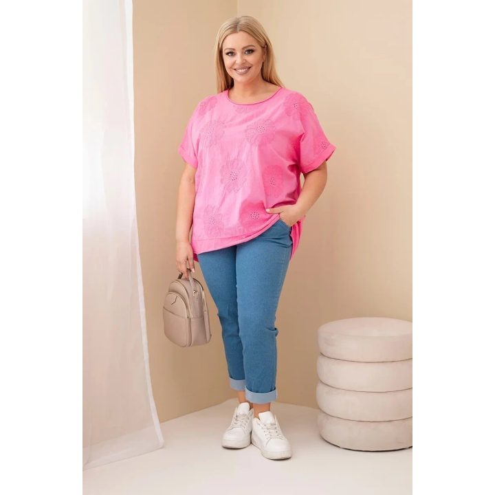 Plus Size moteriška medvilninė palaidinė su siuvinėtomis gėlėmis, rožinė
