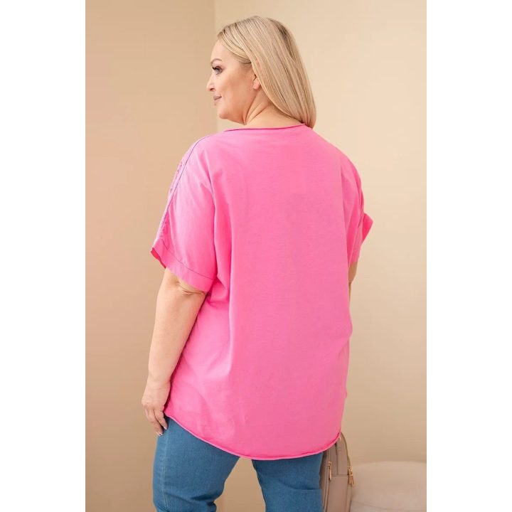 Plus Size moteriška medvilninė palaidinė su siuvinėtomis gėlėmis, rožinė