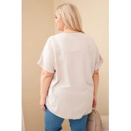 Moteriška Plus Size medvilninė palaidinė su siuvinėtomis gėlėmis, smėlio spalvos