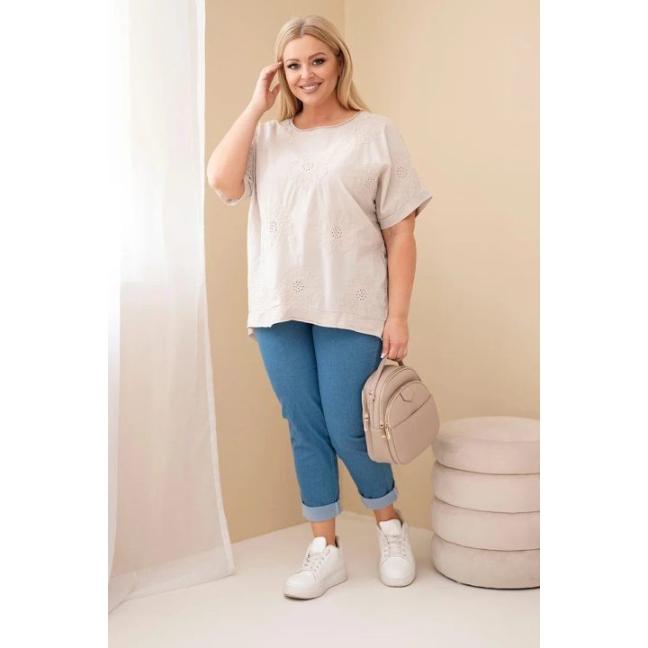 Moteriška Plus Size medvilninė palaidinė su siuvinėtomis gėlėmis, smėlio spalvos