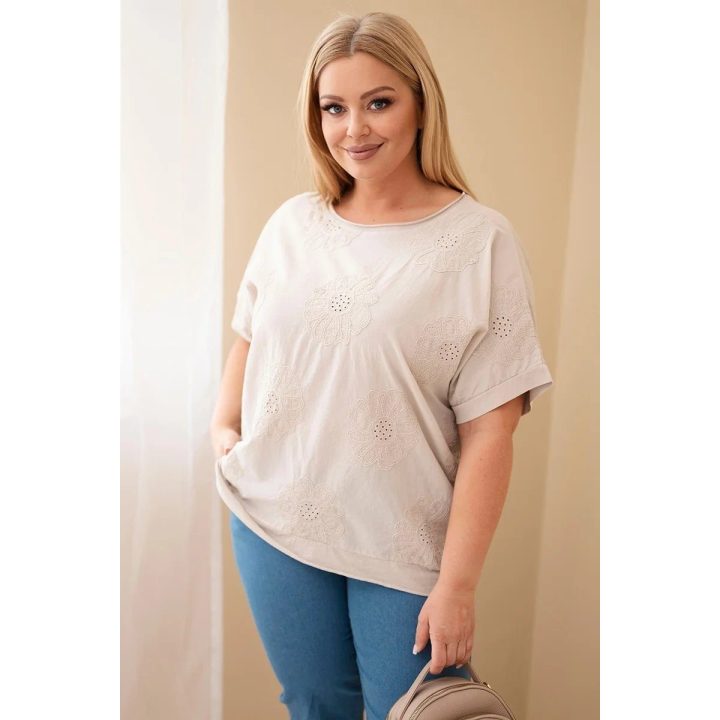 Moteriška Plus Size medvilninė palaidinė su siuvinėtomis gėlėmis, smėlio spalvos