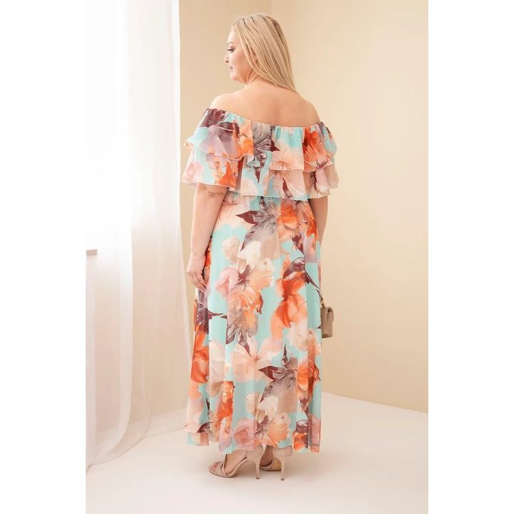 Plus Size maksi suknelė su atvirais pečiais ir raukiniais, mėtų žalios spalvos