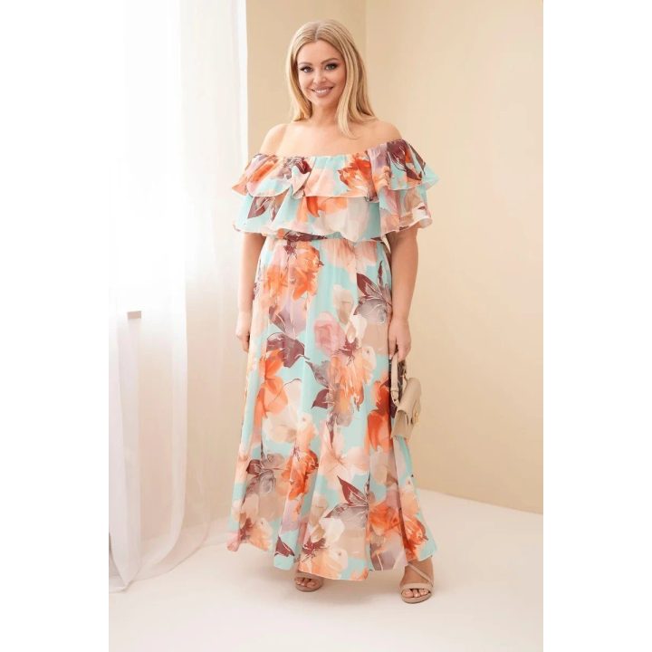 Plus Size maksi suknelė su atvirais pečiais ir raukiniais, mėtų žalios spalvos