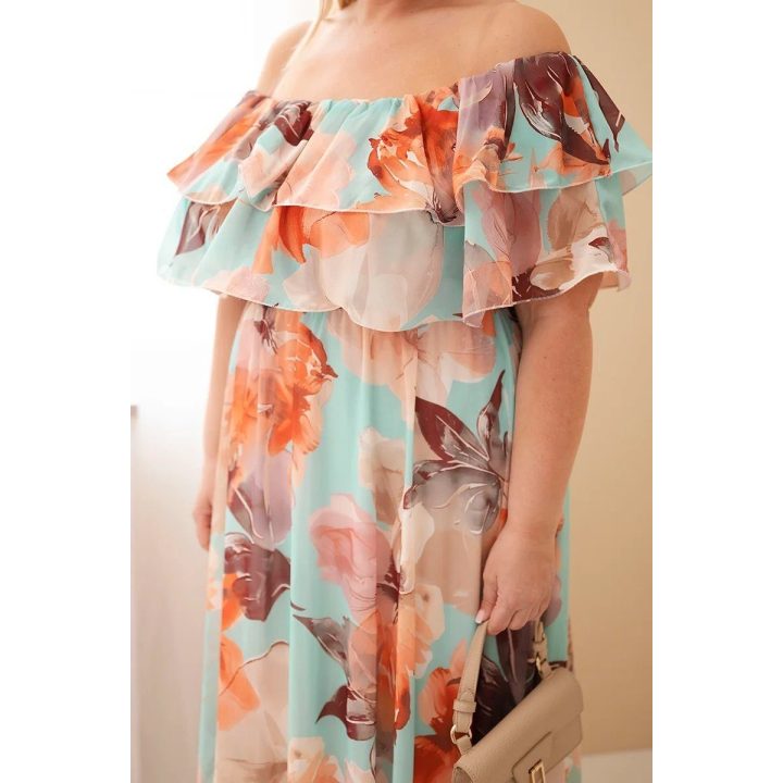 Plus Size maksi suknelė su atvirais pečiais ir raukiniais, mėtų žalios spalvos