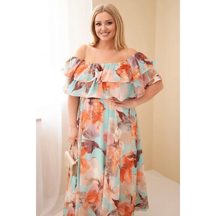 Plus Size maksi suknelė su atvirais pečiais ir raukiniais, mėtų žalios spalvos