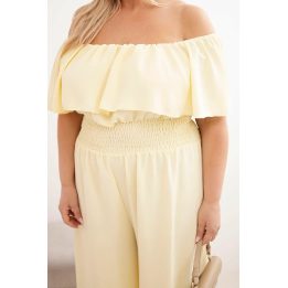 Moteriškas Plus Size kombinezonas su raukiniais ir plačiomis klešnėmis, geltonas