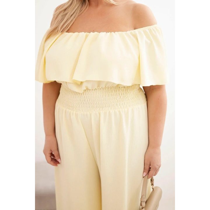 Moteriškas Plus Size kombinezonas su raukiniais ir plačiomis klešnėmis, geltonas