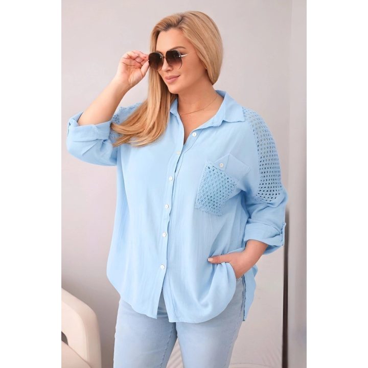 Moteriška Plus Size palaidinė su apykakle ir nėrinių intarpais, mėlyna