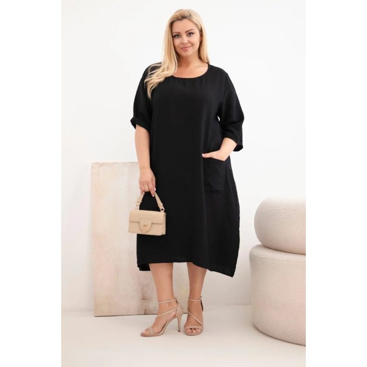 Moteriška Plus Size viskozinė suknelė su kišenėmis, juoda