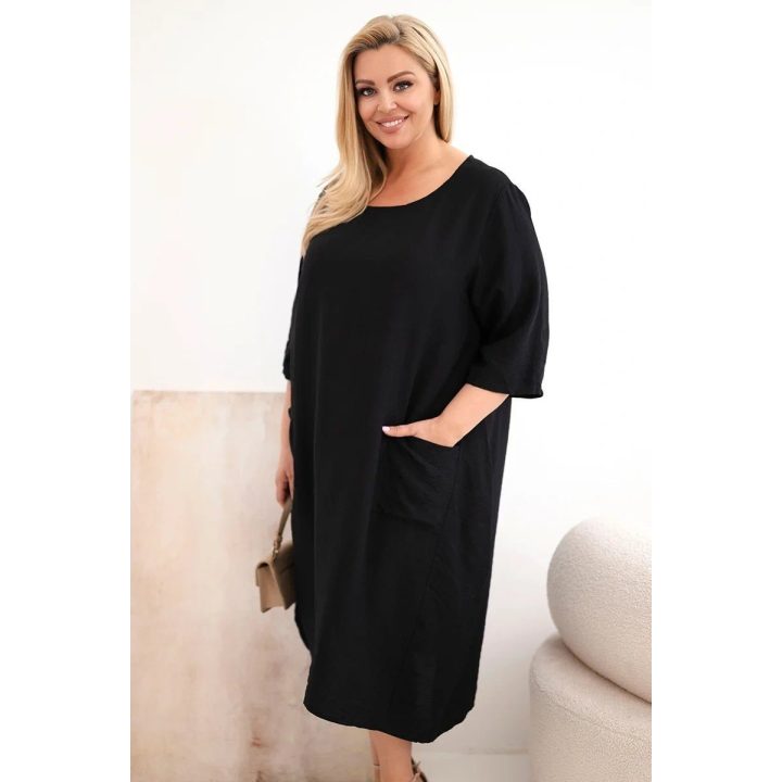 Moteriška Plus Size viskozinė suknelė su kišenėmis, juoda