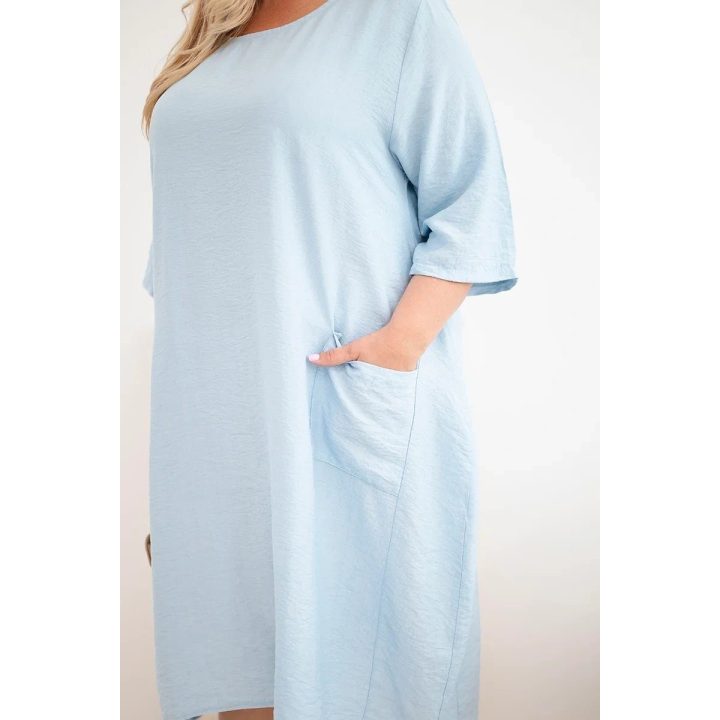 Moteriška Plus Size viskozinė suknelė trumpomis rankovėmis su kišenėmis, mėlyna