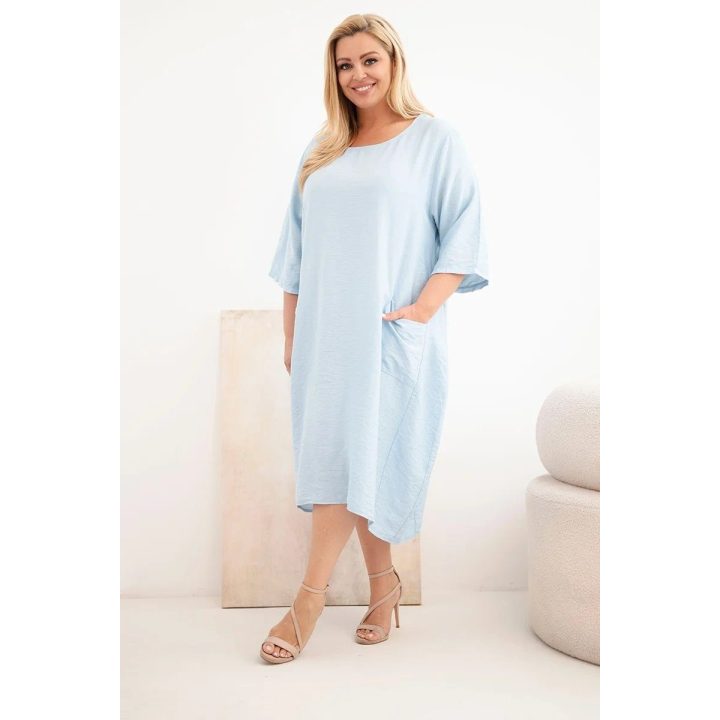 Moteriška Plus Size viskozinė suknelė trumpomis rankovėmis su kišenėmis, mėlyna