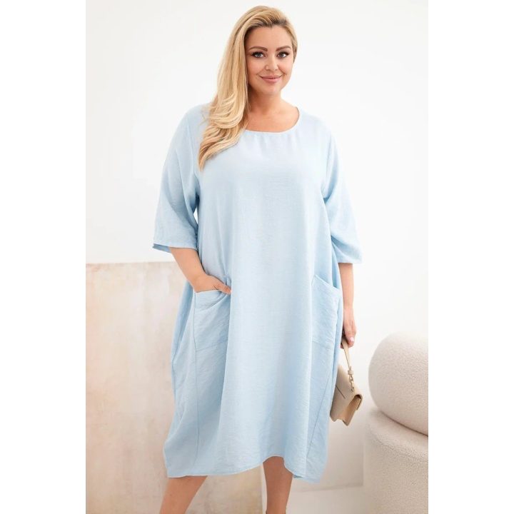 Moteriška Plus Size viskozinė suknelė trumpomis rankovėmis su kišenėmis, mėlyna
