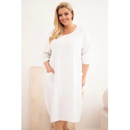 Moteriška Plus Size viskozės suknelė su kišenėmis ir trumpomis rankovėmis, balta