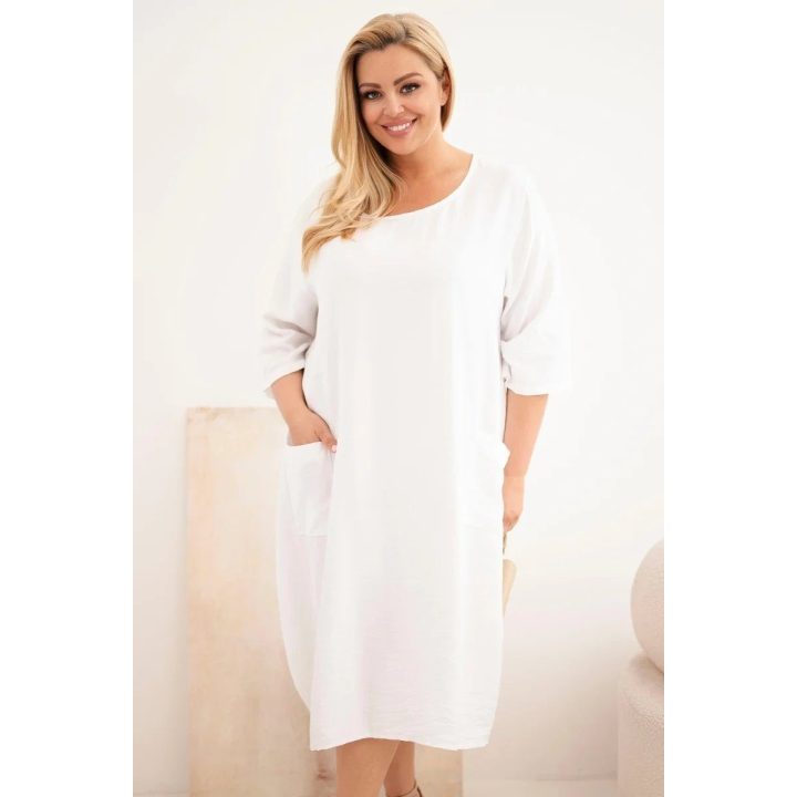 Moteriška Plus Size viskozės suknelė su kišenėmis ir trumpomis rankovėmis, balta