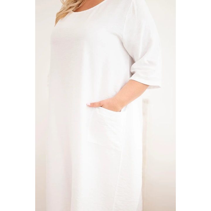 Moteriška Plus Size viskozės suknelė su kišenėmis ir trumpomis rankovėmis, balta