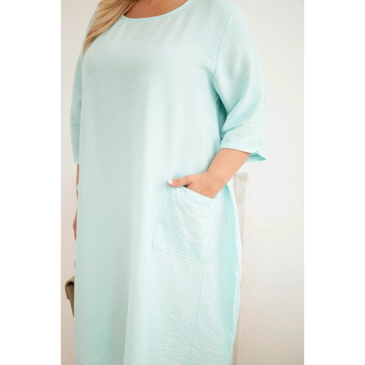 Moteriška Plus Size mėtų spalvos suknelė su kišenėmis ir trumpomis rankovėmis