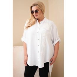 Moteriški Plus Size marškiniai su gėlių siuvinėjimu, balti