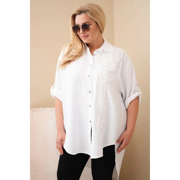 Moteriški Plus Size marškiniai su gėlių siuvinėjimu, balti