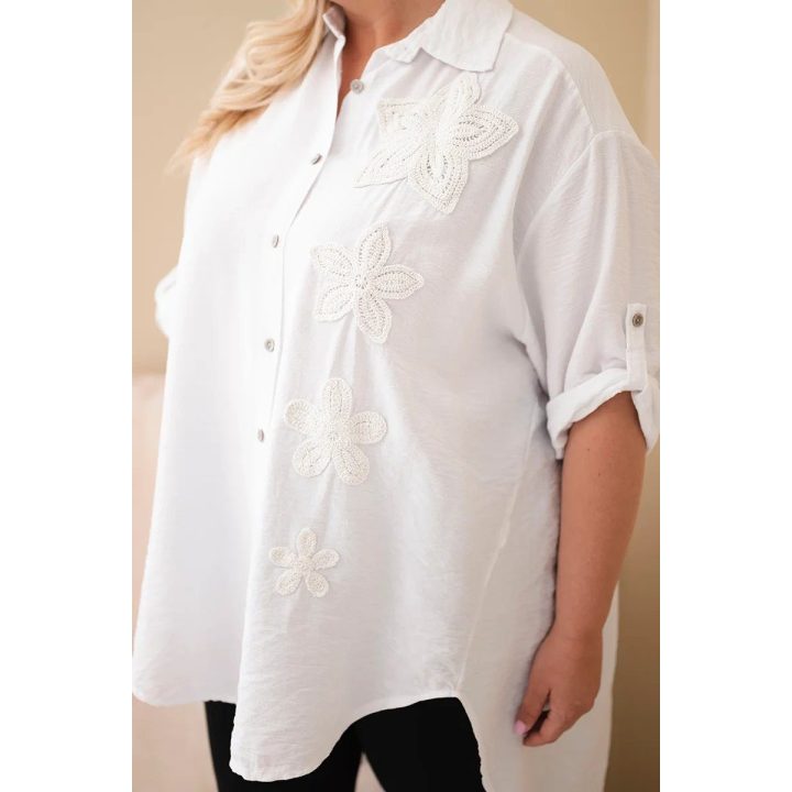 Moteriški Plus Size marškiniai su gėlių siuvinėjimu, balti