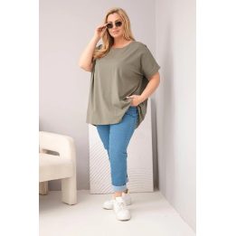 Moteriška Plus Size medvilninė palaidinė trumpomis rankovėmis, chaki spalvos