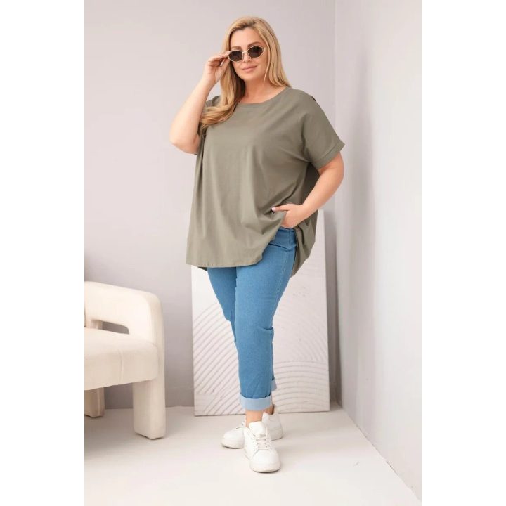 Moteriška Plus Size medvilninė palaidinė trumpomis rankovėmis, chaki spalvos