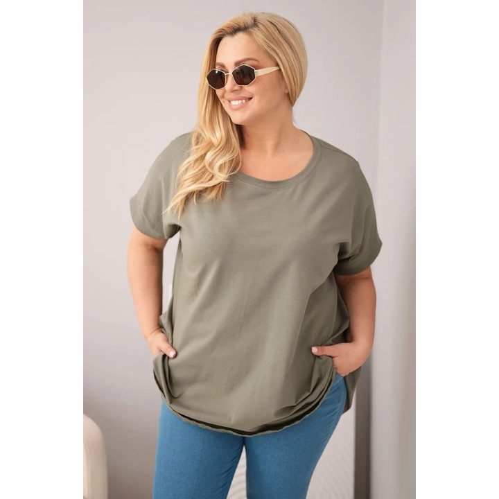 Moteriška Plus Size medvilninė palaidinė trumpomis rankovėmis, chaki spalvos