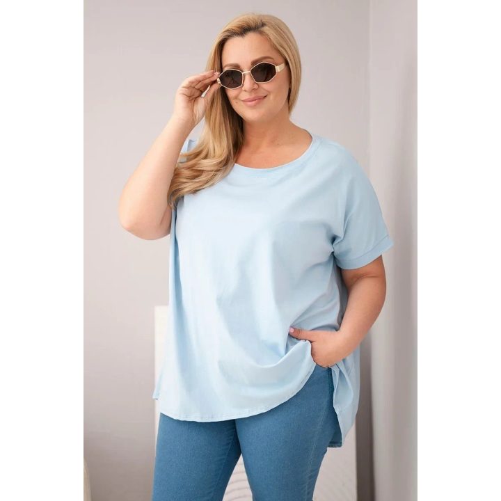 Moteriška Plus Size medvilninė palaidinė trumpomis rankovėmis, mėlyna