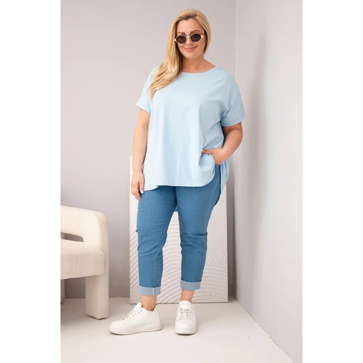 Moteriška Plus Size medvilninė palaidinė trumpomis rankovėmis, mėlyna