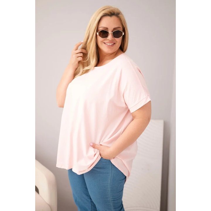 Moteriška Plus Size medvilninė palaidinė trumpomis rankovėmis, pudrinė rožinė