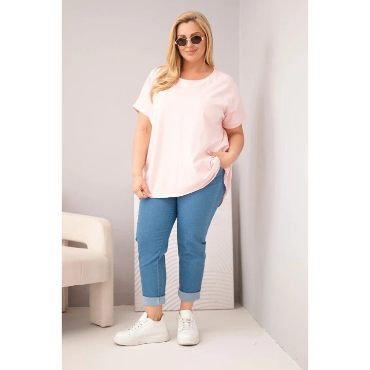 Moteriška Plus Size medvilninė palaidinė trumpomis rankovėmis, pudrinė rožinė
