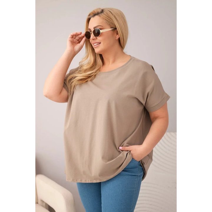 Moteriška Plus Size medvilninė palaidinė trumpomis rankovėmis, fango spalvos