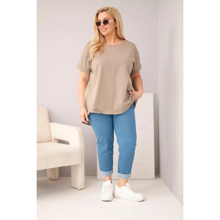 Moteriška Plus Size medvilninė palaidinė trumpomis rankovėmis, fango spalvos