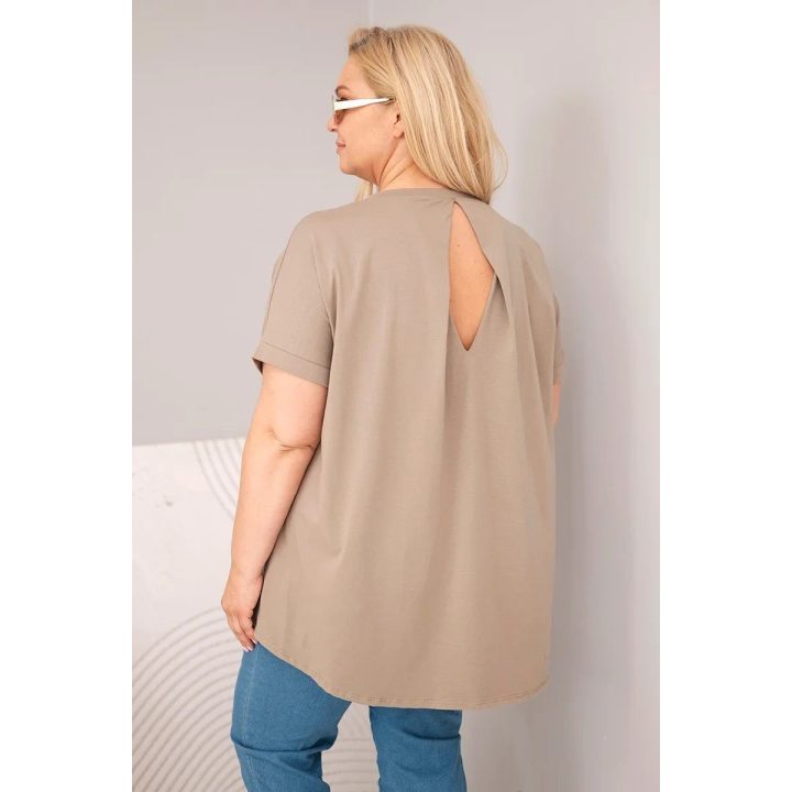 Moteriška Plus Size medvilninė palaidinė trumpomis rankovėmis, fango spalvos