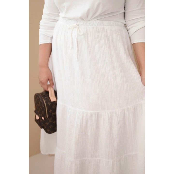Moteriškas Plus Size medvilninis muslino sijonas su raukiniais ir tampriu juosmeniu, baltas