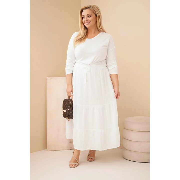Moteriškas Plus Size medvilninis muslino sijonas su raukiniais ir tampriu juosmeniu, baltas