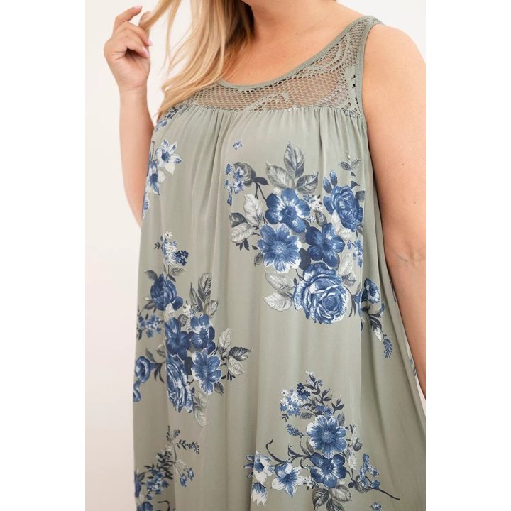 Moteriška Plus Size suknelė su nėriniuota viršutine dalimi ir gėlių raštu, chaki spalvos