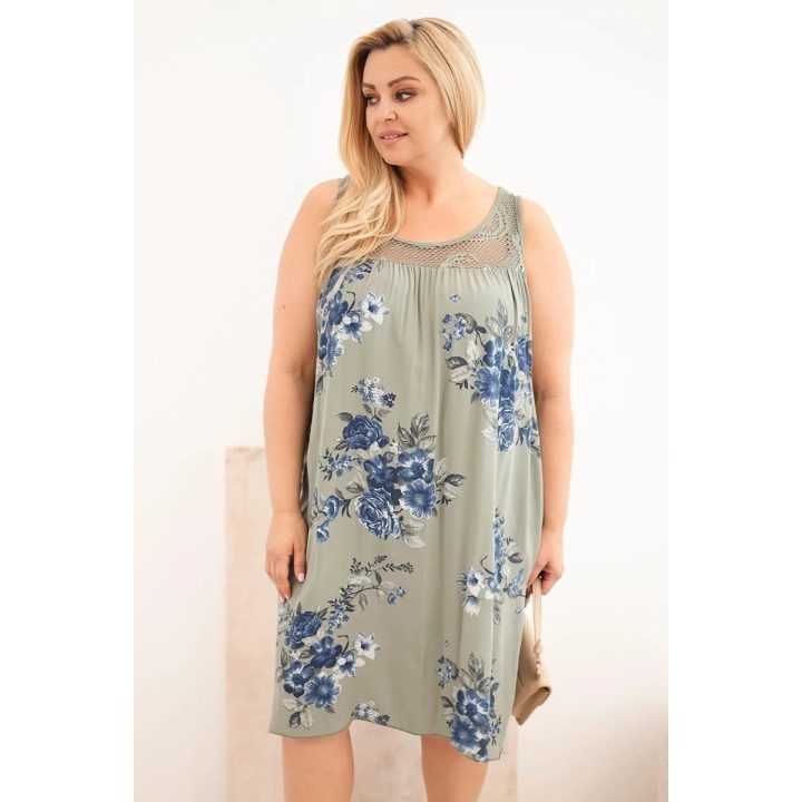 Moteriška Plus Size suknelė su nėriniuota viršutine dalimi ir gėlių raštu, chaki spalvos