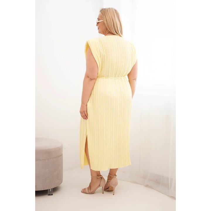 Plus Size midi suknelė su klostėmis ir surišimu ties juosmeniu, geltona